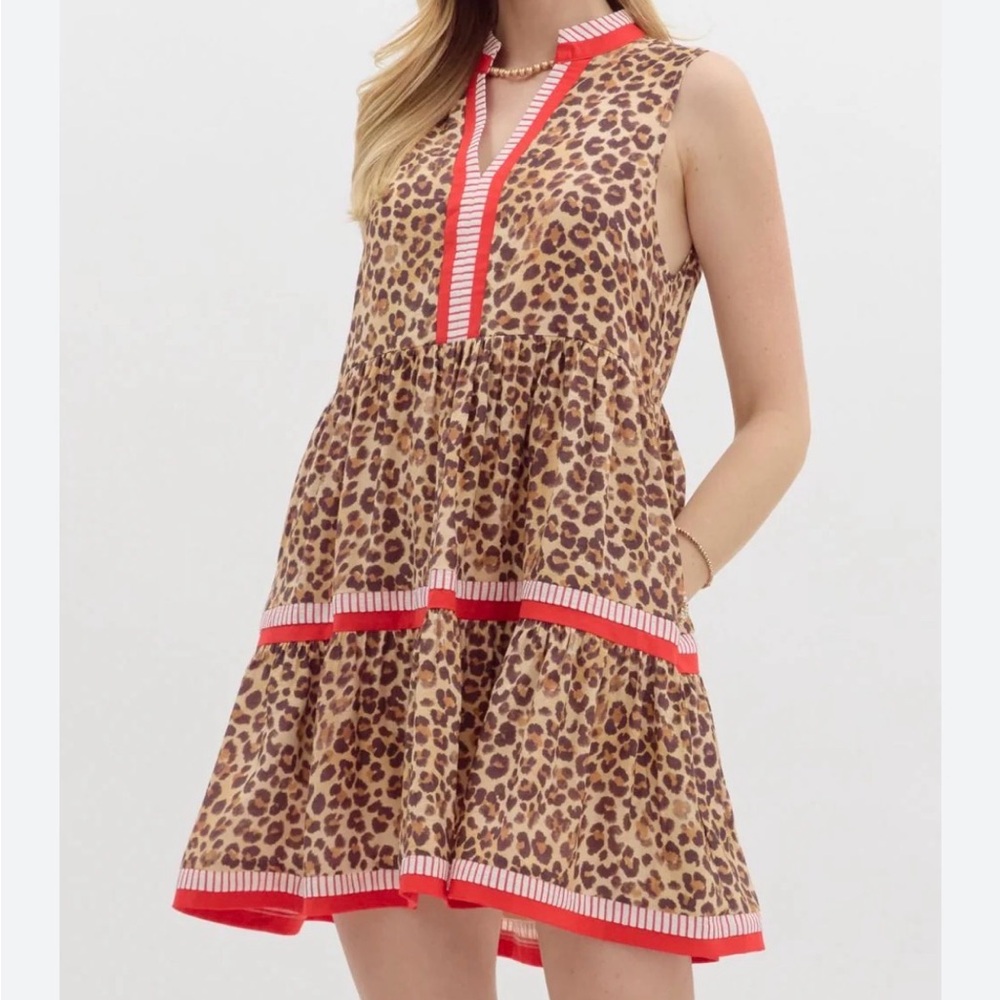 entro Leopard Print Mini Dress with Red Trim